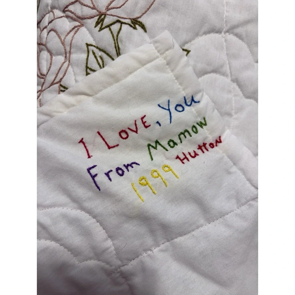 Vintage Purple Pink Yellow Floral Pattern  Embroidered Homemade Quilt 100